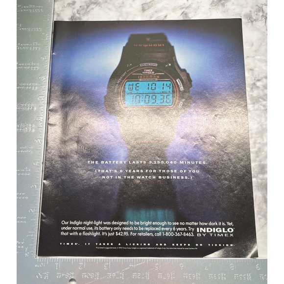 Timex Watch Print Ad Vintage 1994 Indiglo Ironman Takes a Licking Keeps Ticking - Picture 2 of 6